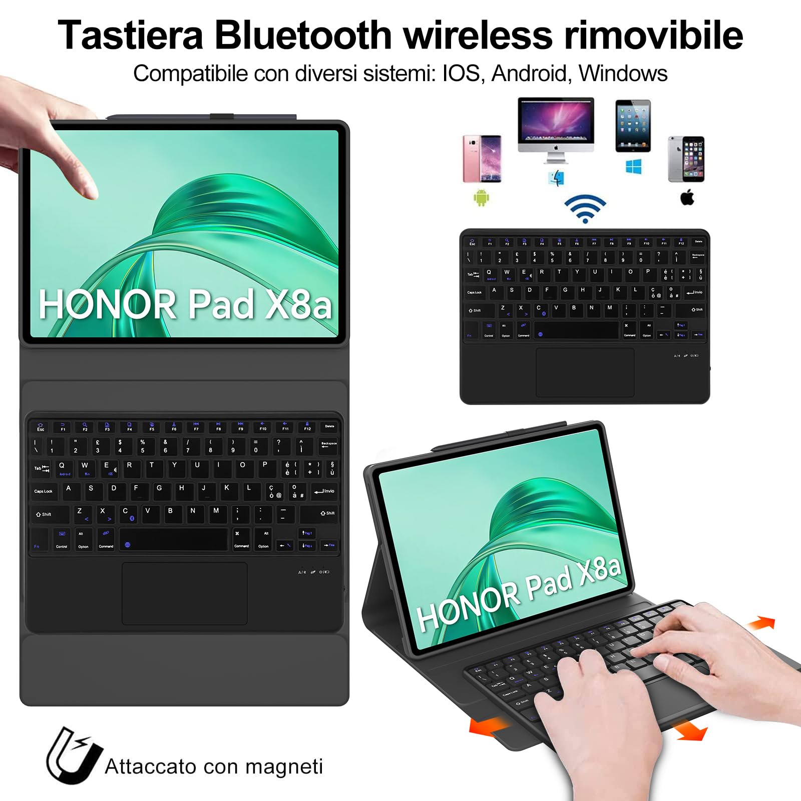 IVEOPPE Tastiera per Honor Pad X8b 2026/X8a 2024 con Touchpad, Cover Custodia Tastiera Trackpad Italiano Bluetooth Honor Pad X8b/X8a 11", Nero