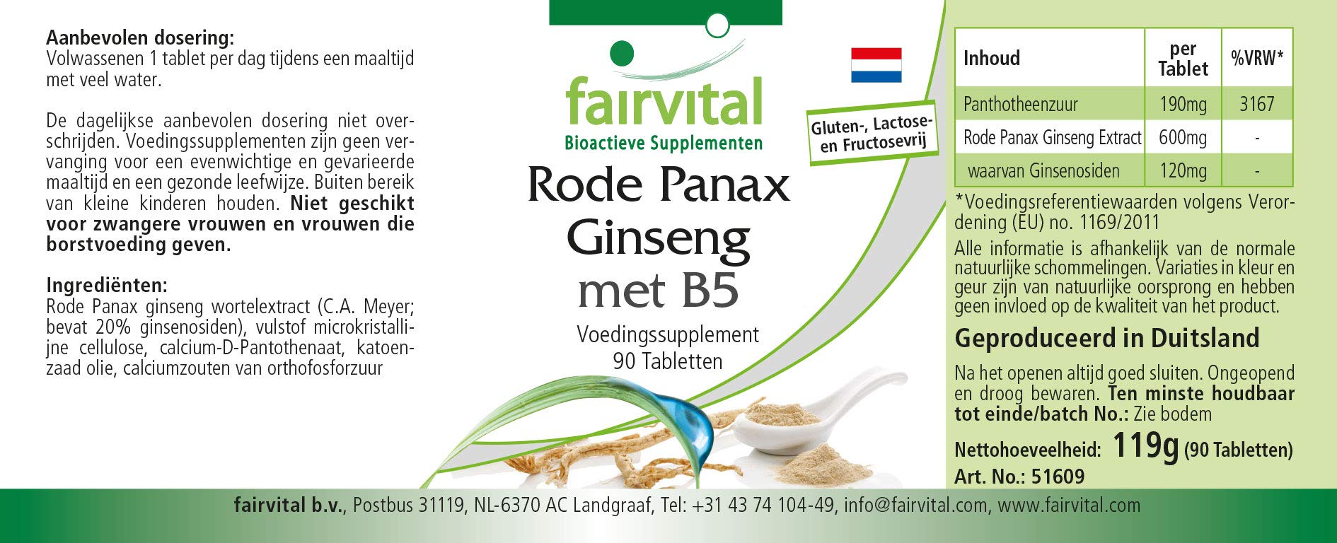 fairvital Extracto de ginseng rojo Panax + vitamina B5-90 comprimidos, con 600mg de extracto de ginseng coreano, ALTA DOSIS, VEGANO