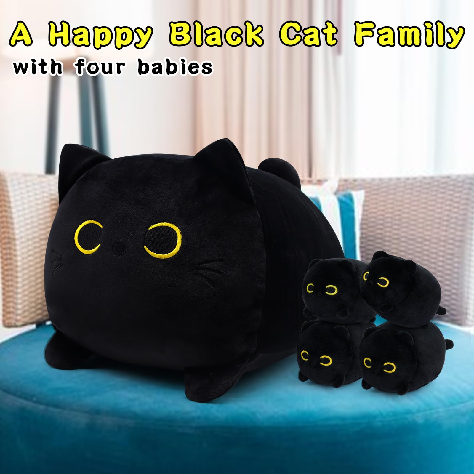 LSYDCARM Black Cat Plush, Black Cat Stuffed Animals Cat Plushie Toy, Mommy Cat with 4 Baby Kittens Kawaii Birthday Gifts for Kids Boys Girls