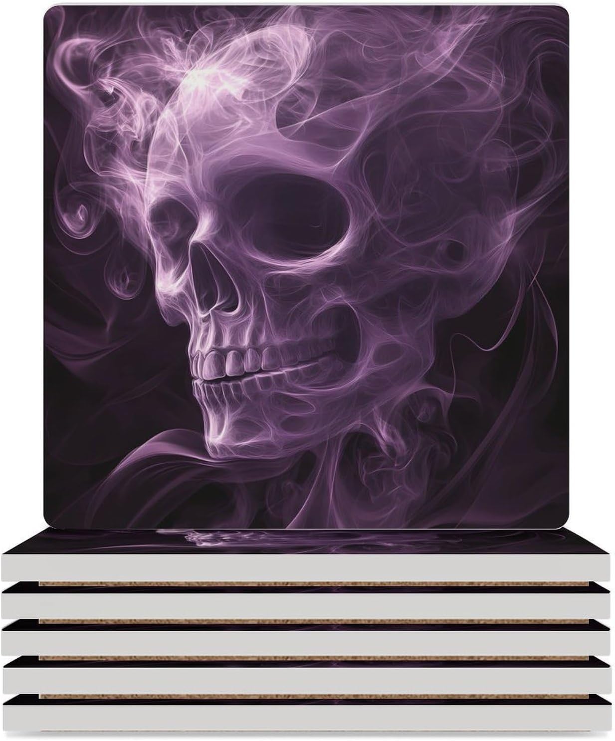 Smoke Skull Ceramic Coasters Square Drinks Coaster Coffee Table Decor Table Coaster for Home Bar