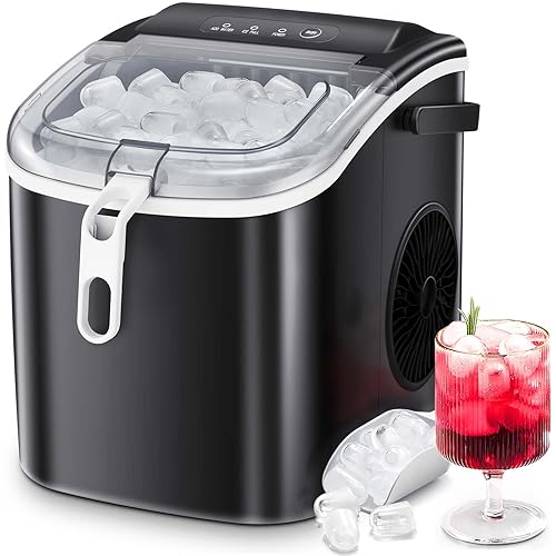 ZAFRO Máquina de hielo portátil con asa de transporte, máquina de hielo autolimpiante con cesta y cuchara, 9 cubos en 6 minutos, 26 libras por día,