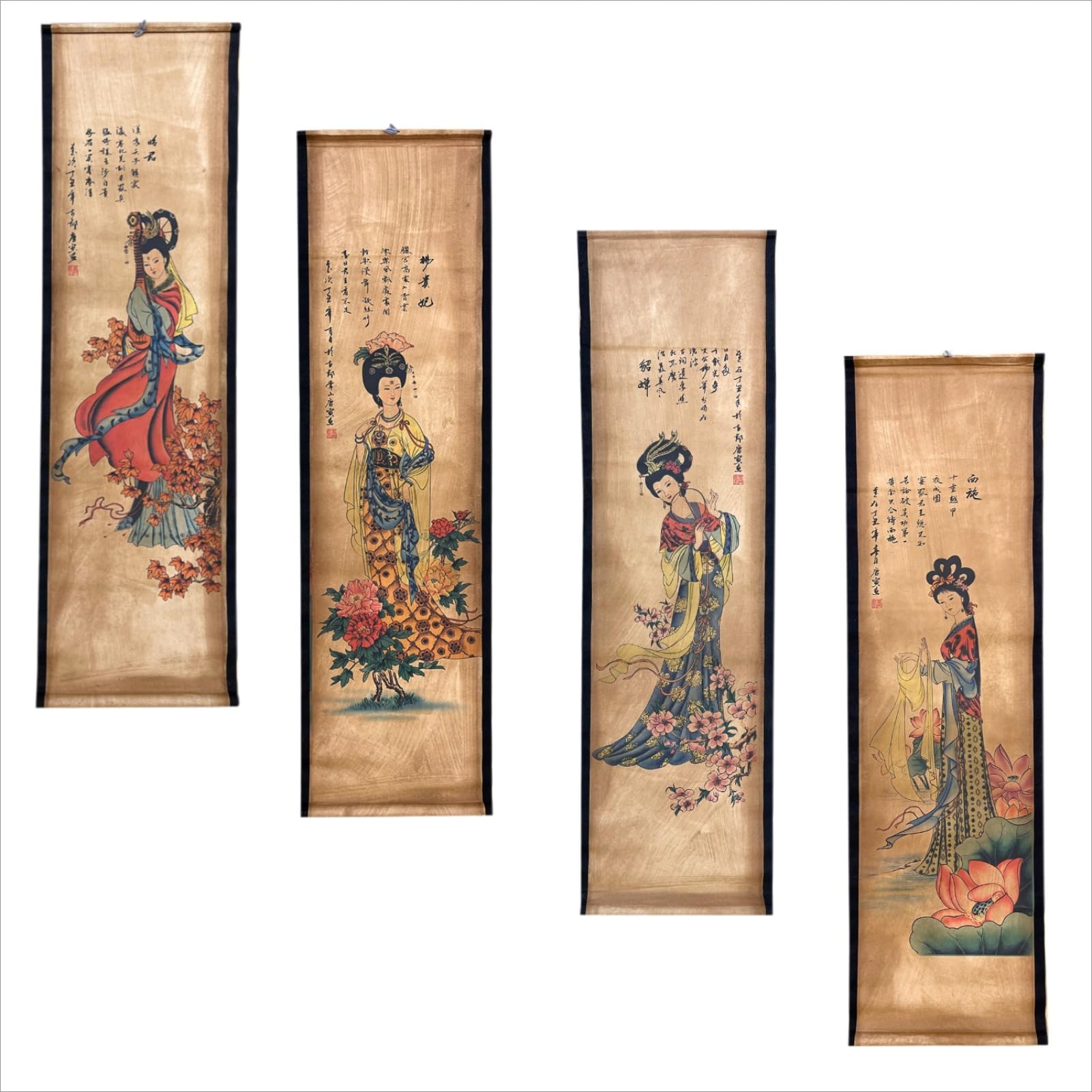 4Pack Wall Scroll Hanging Painting for Room Decor, Ancient Chinese Painting Reproduction Large Beauty