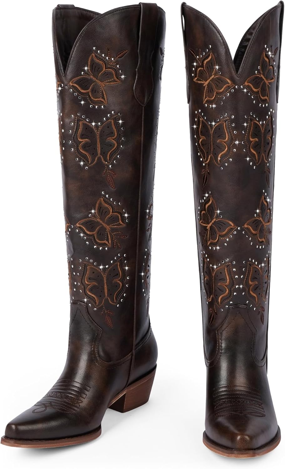 Cowboy Boots for Women Rhinestone Butterfly Embroidered Cowgirl Boots Chunky Heel Slip On Knee High Western Boots - Image 6