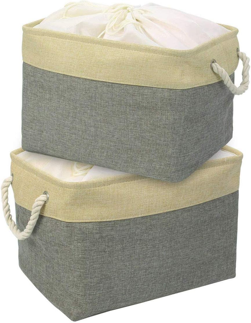 HomeStorie ® Jute Cloth Storage Basket Bin Organizer with Drawstring Closure Lid - Set of 2 (Grey , Large )