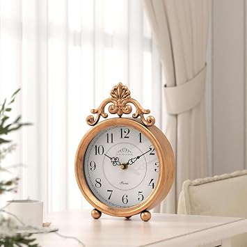 Vintage Gold Table Clock, Desk and Shelf Mantel Clock | French Rustic Antique Style Decor Clocks, for Farmhouse, Bedroom, Living Room, Bedside, Gift ( 9 H x 6.3 W )