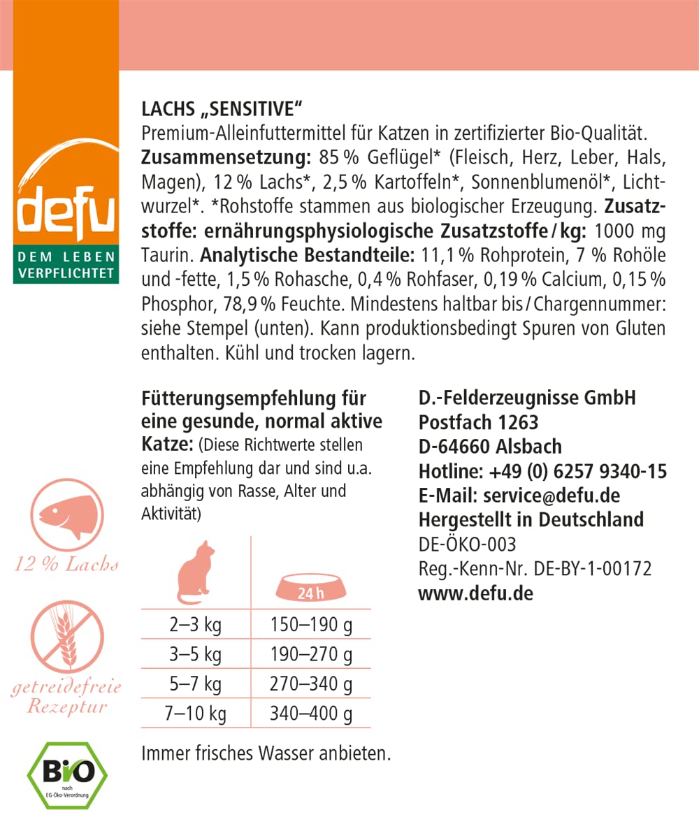 defu Katzenfutter | 12 x 410 g | Pate Bio Lachs Sensitiv | Alleinfuttermittel Premium Bio Nassfutter für Katzen