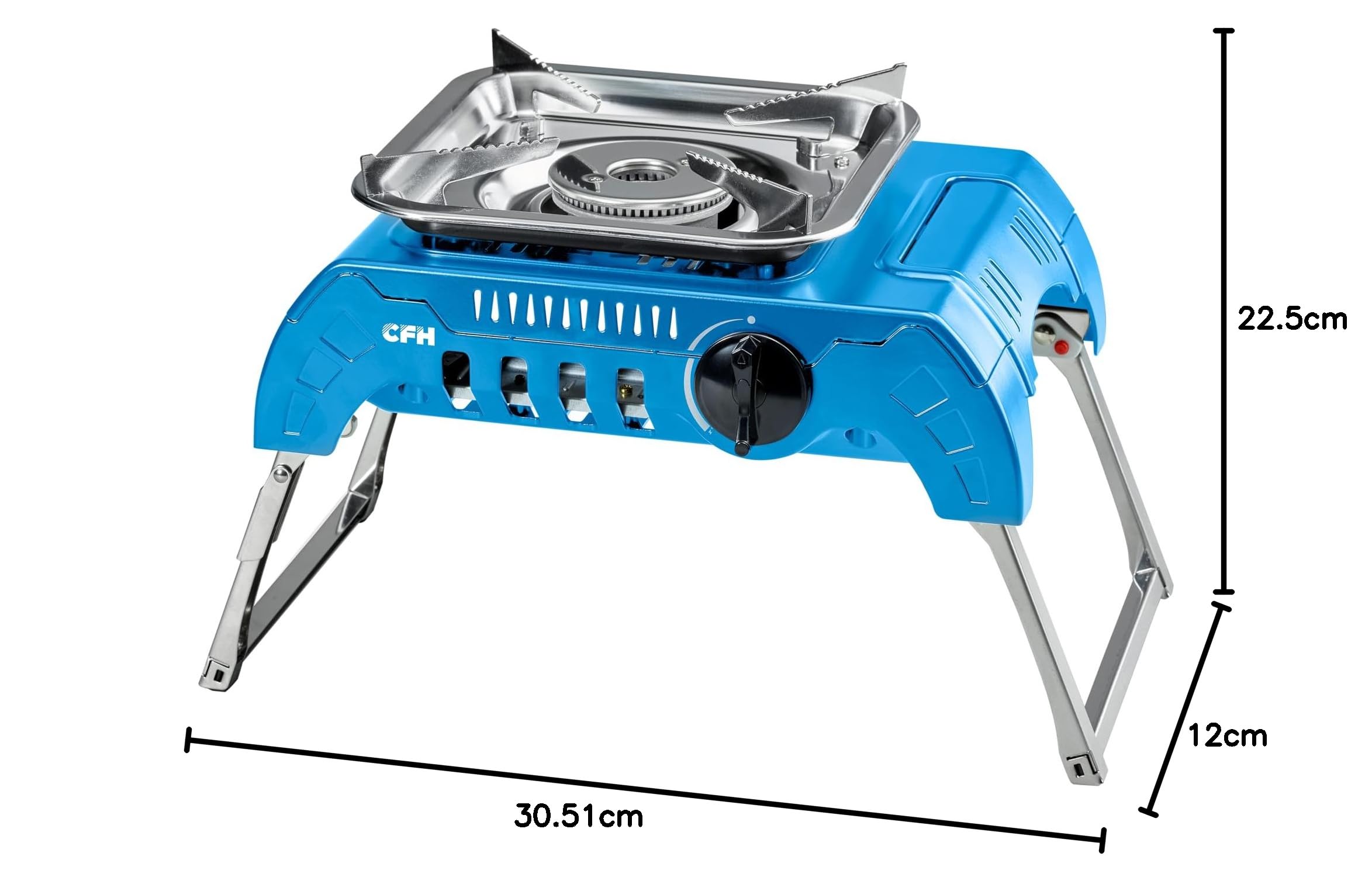 CFH Gaskocher Camping GK 425 – kompakter Campingkocher, 2,4 kW, Piezozündung, klappbare Standfüße, Edelstahl-Topfauflage, Kunststoffkoffer