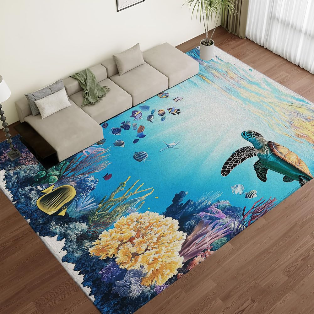Tapis de salon vintage bleu motif tortue marine tapis traditionnel chic et doux antidérapant