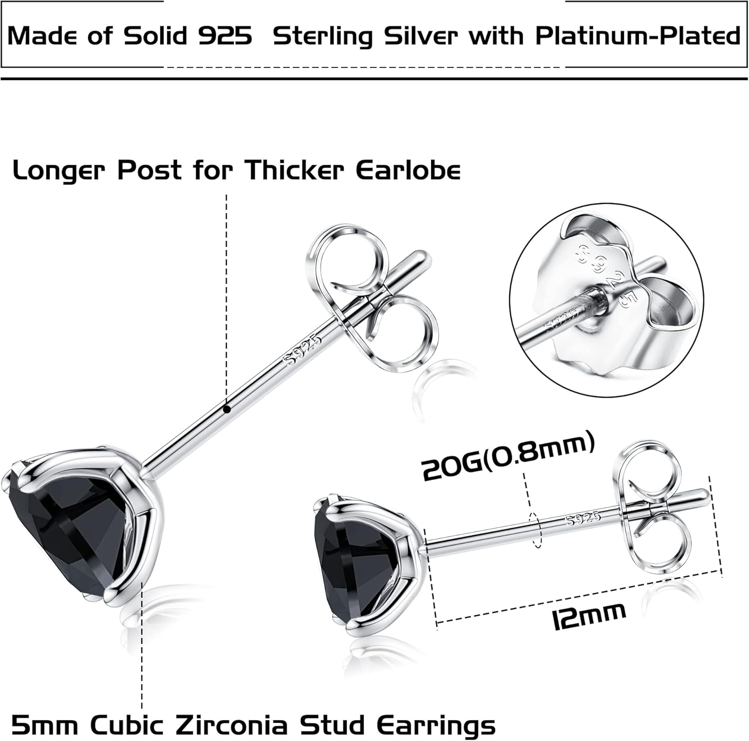 PATISORNA 925 Sterling Silver 5mm Long Post Cubic Zirconia Stud Earrings for Women Men, CZ Studs Earrings Hypoallergenic - Image 2