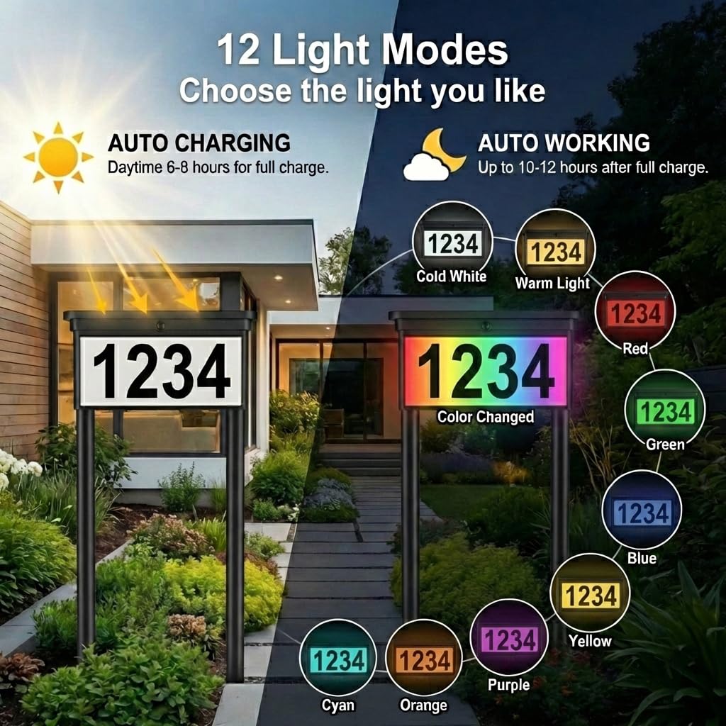 Solar-Adressschild für Hof: 73,7 cm, doppelseitig beleuchtete Hausnummern mit 12 Farbmodi, 2-in-1-Doppelmontage (Pfahl oder Briefkasten), wasserdichte LED-Adressschild, 4 Sets Zahlen und Buchstaben, 1