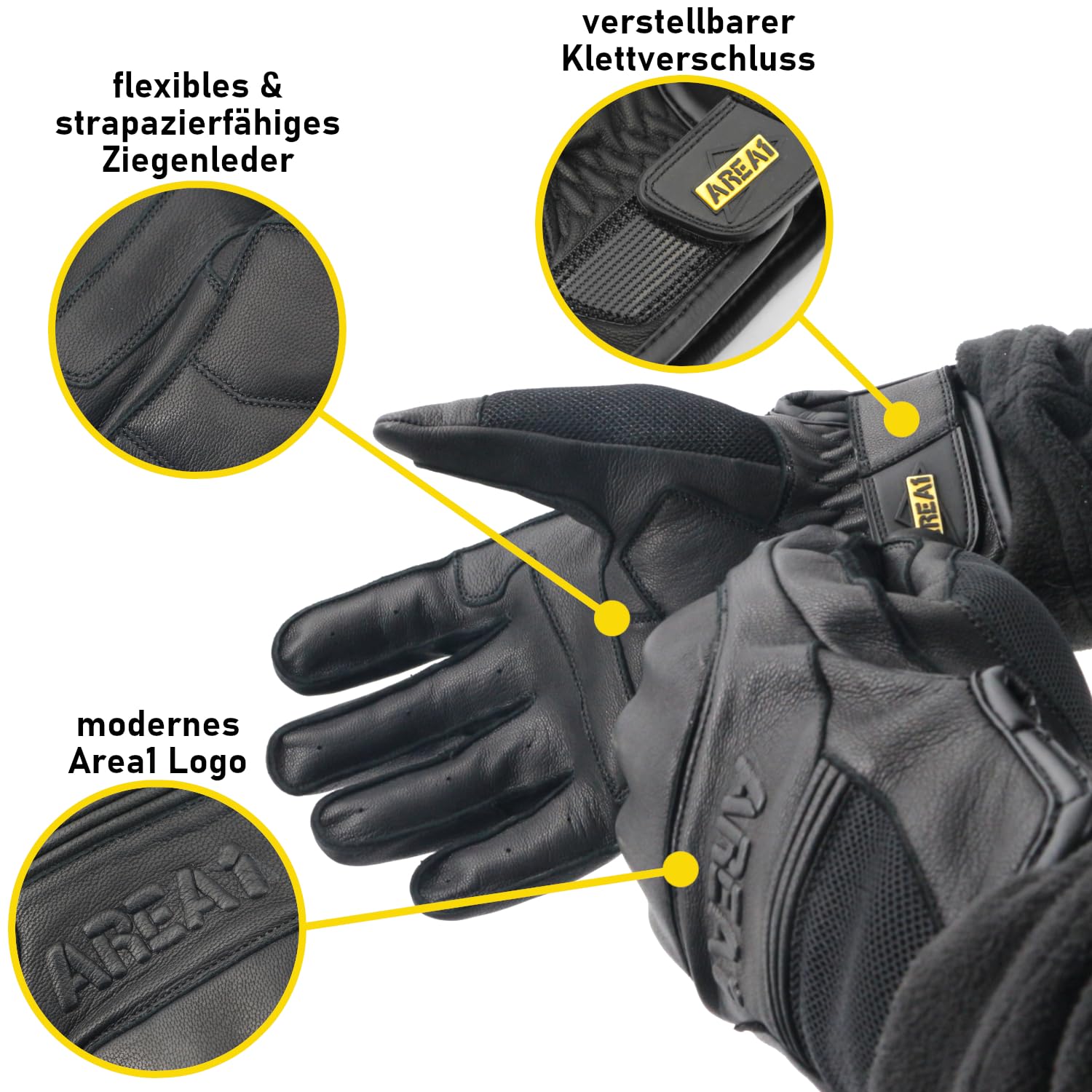 Area1 Motorradhandschuhe Leder Herren Damen, Knöchelschutz & Hartschalen-Protektoren – Atmungsaktiv, rutschfest & Robust – Motorrad Handschuhe Schwarz für Sommer & Touring (Größe M-XXL)