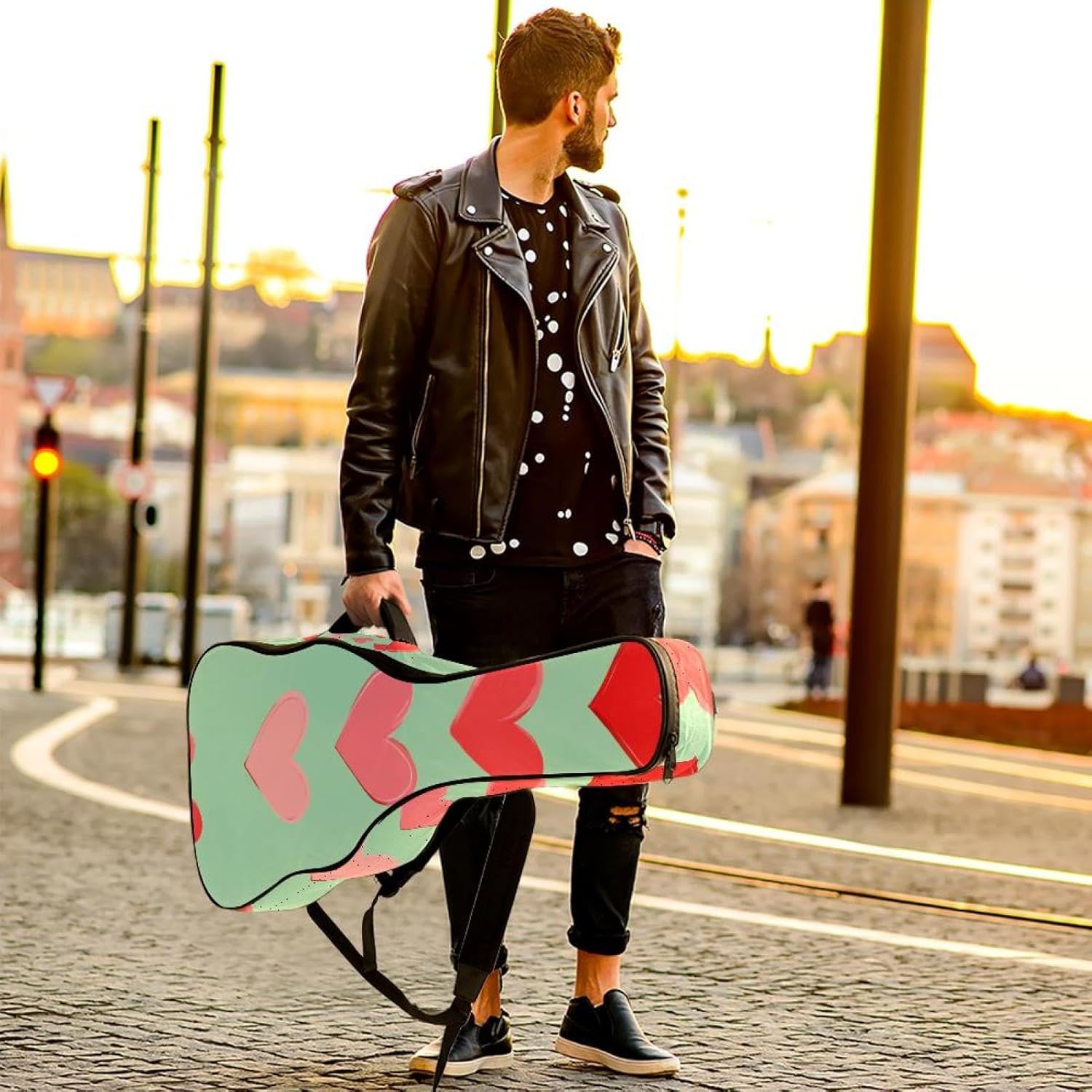 Acoustic Guitar Gig Bag 10mm Thick Padding, Soft Waterproof Guitar Case with Adjustable Backpack Straps for 40-42 Inch Guitar, Cute Lovely Valentine's Day Pink Hearts