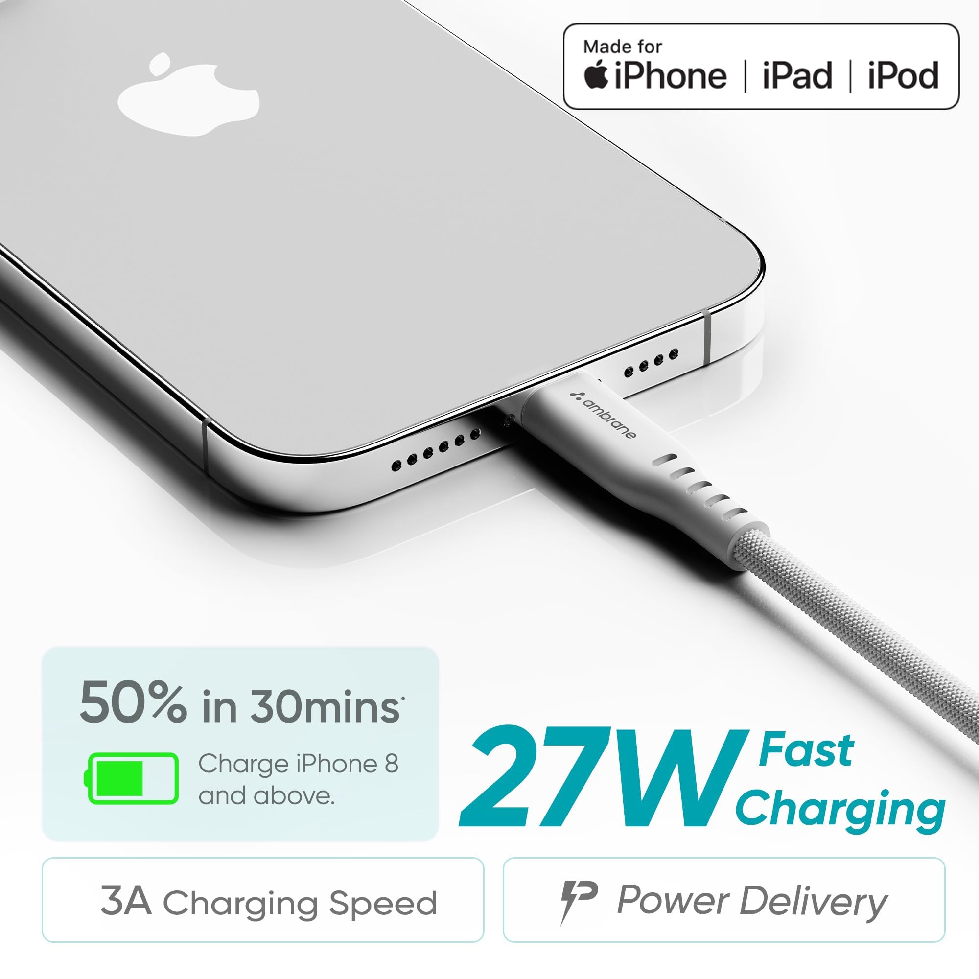 Ambrane Mfi Certified Type C To Lightning Cable, 27W Fast Charging For Iphone 14/13/12/11/X/8/7/6, Ipad & Airpods, 480Mbps Data Sync, Durable Braided Design, Car/Travel-Friendly, 3.9Ft (1.2M), White image_3