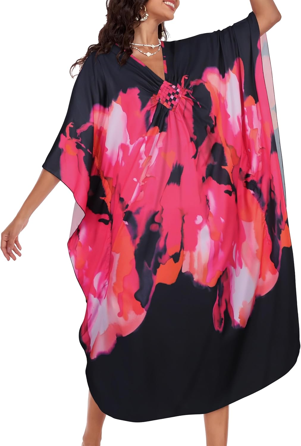 Kaftan Dresses for Women Plus Size V Neck Caftans Long Batwing Sleeve Beach Cover Ups Summer Floral Print Dress - Image 7