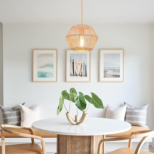 Miniatura 2 de VILUXY Lámpara colgante de ratán tejido, pantalla de jaula trabajada a mano, lámpara de cuerda de abaca natural, latón antiguo, acabado de pintura