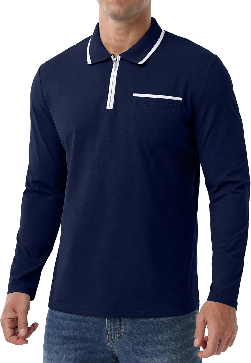 Askdeer Men's Polo Shirts Zip Long Sleeve Classic T-Shirts Casual Golf Shirts Stylish Collared Tee - Image 5