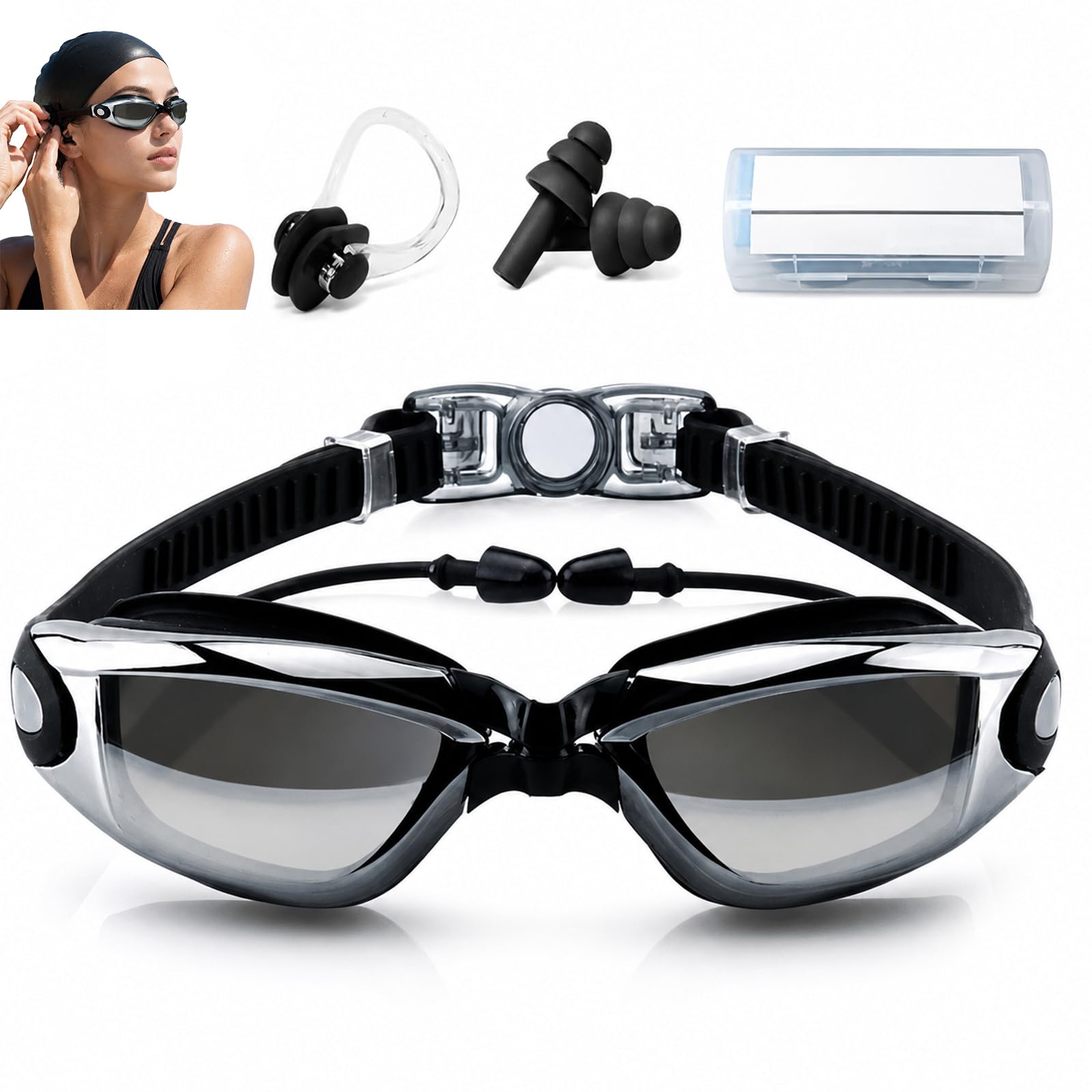 molicorl Electroplated Swimming Goggles Set, Swim Goggles Attached Ear Plugs, Anti-Fog Swim Glasses with Nose Clip Hard Case, Mirrored UV Protection Leakproof Silicone Clear Vision for Women Men