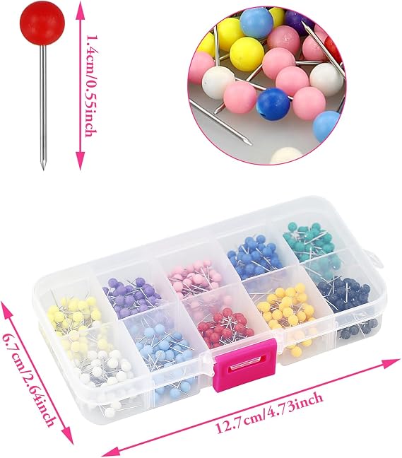 500 Pcs Map Push Pins - 1/8 Inch 10 Colors Round Head Tacks with Steel Points for World Map, Cork Board, Fabric Marking, Dressmaking