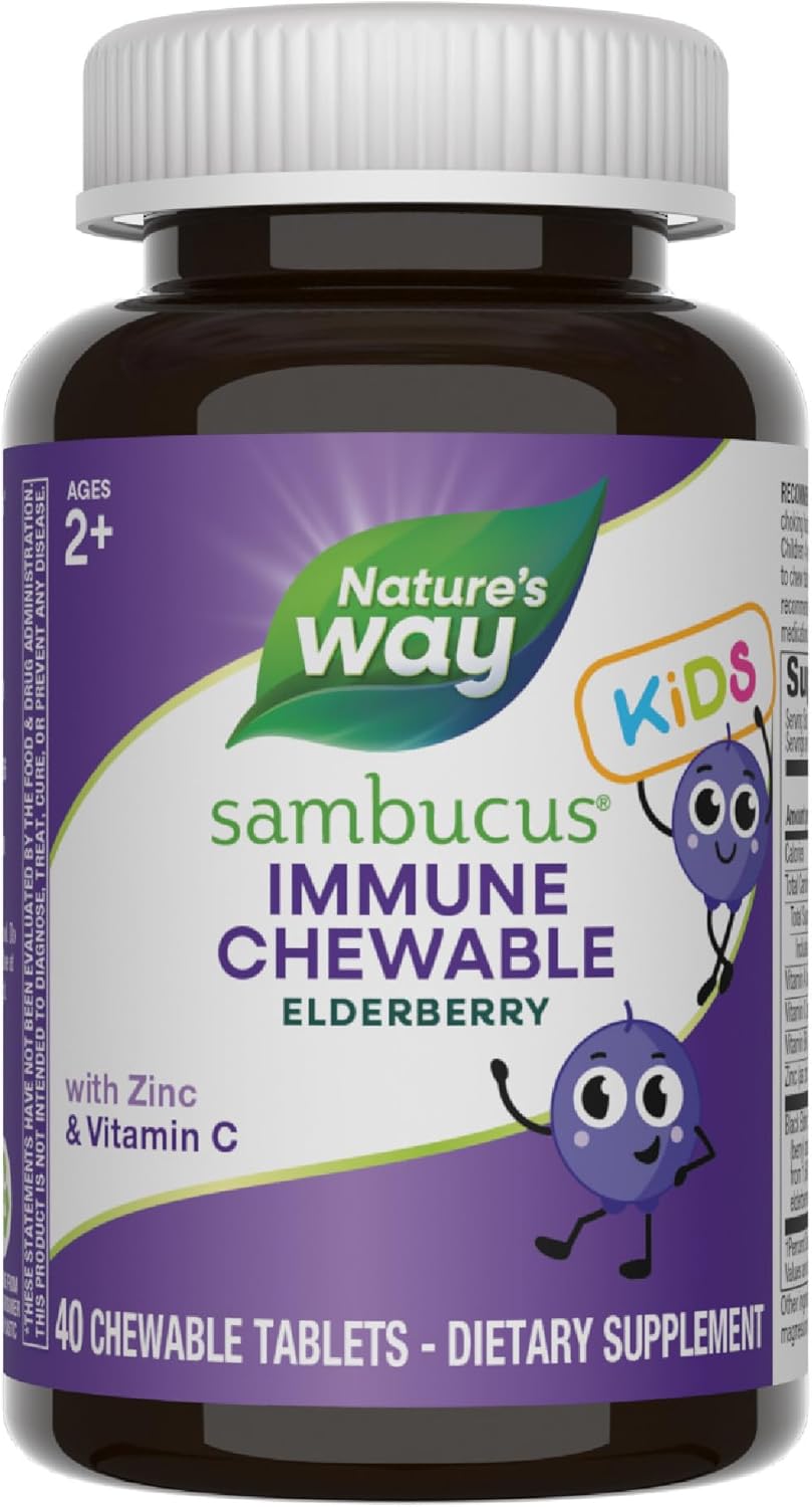 Nature’s Way Sambucus Immune Chewable for Kids, Elderberry, Ages 2+, Immune Support*, Vitamins C & A, Zinc, Gluten Free, 40 Chewable Tablets (Packaging May Vary)