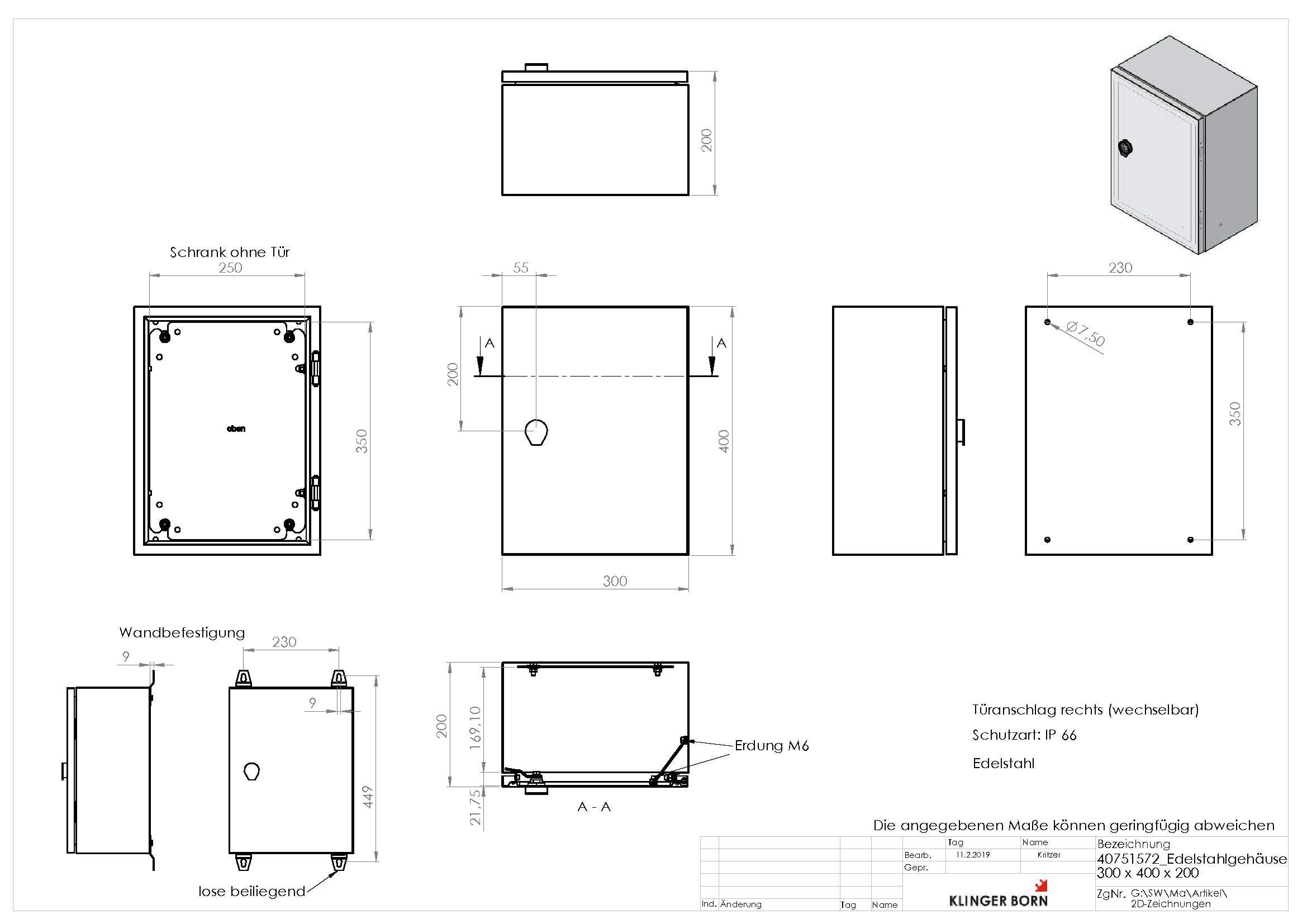 Edelstahlgehäuse für Schaltschrank – 300x400x200mm