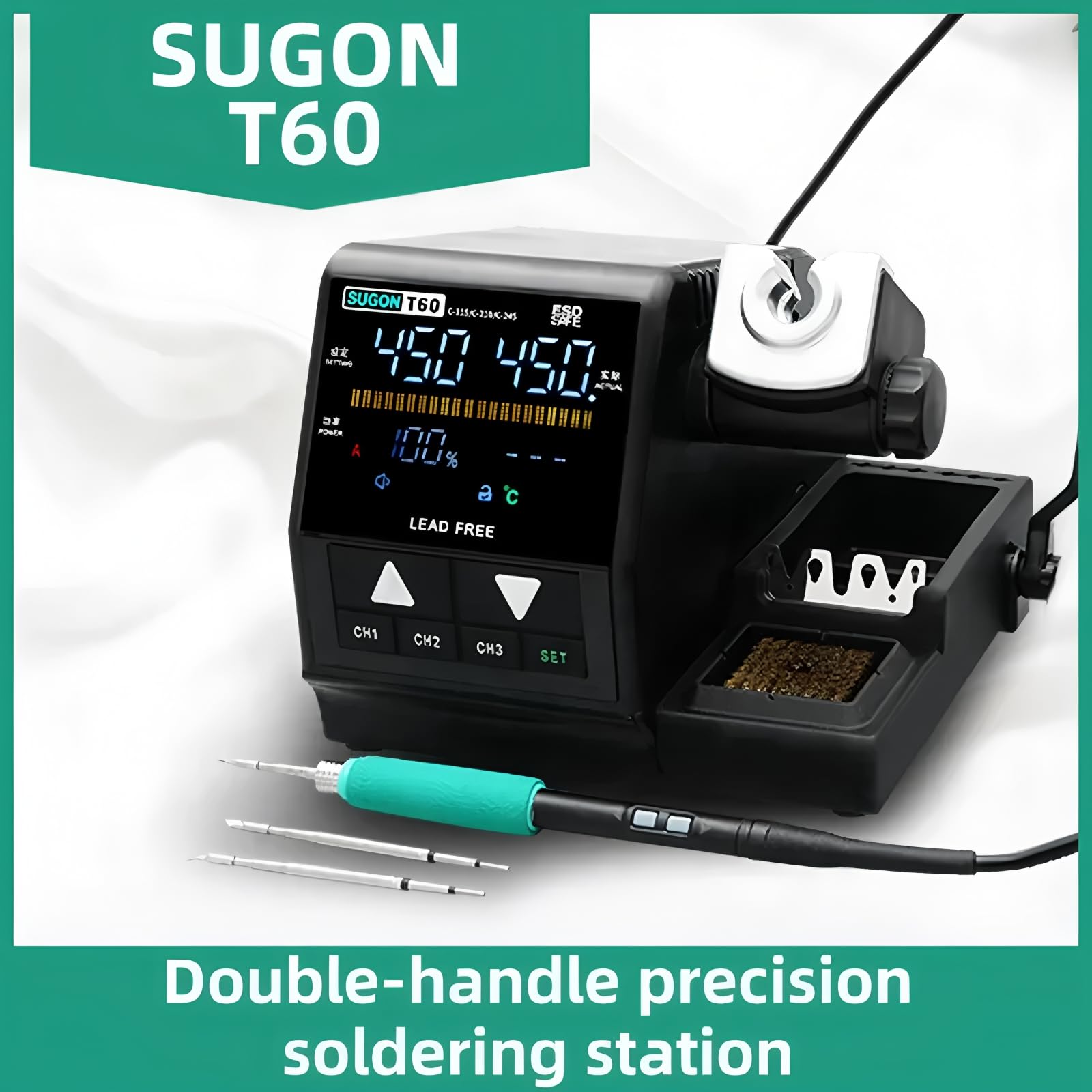 Estaciones de soldadura de calentamiento rápido Sugon T60 120W 2S calentamiento rápido hasta 380°C estaciones digitales de soldadura (T60+245+3 puntas)