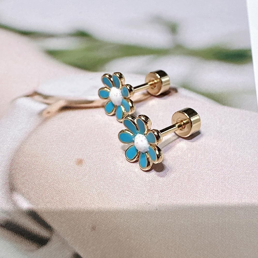 18G Cute Daisy Flower Flat Screw Back Tiny Stud Earrings for Stainless Steel Gold Plated Women Ladies Dainty Enamel Floral Studs Sleeper Tragus Post Hypoallergenic Piercing Fashion Jewelry - Image 5