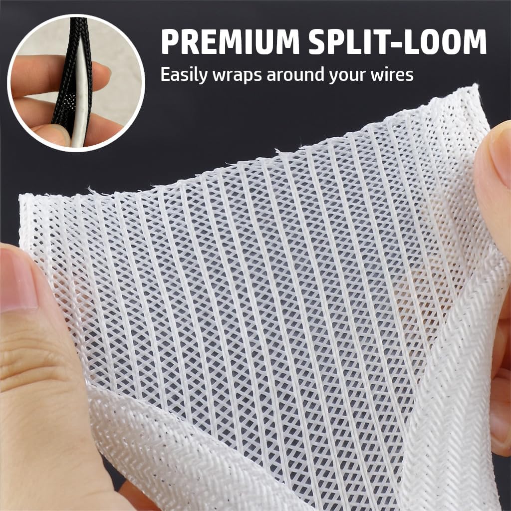 MGI SpeedWare Braided Split-Sleeve White Wire Loom for High-Temperature Automotive Harness and Home Cable Management 25 feet (1/2")