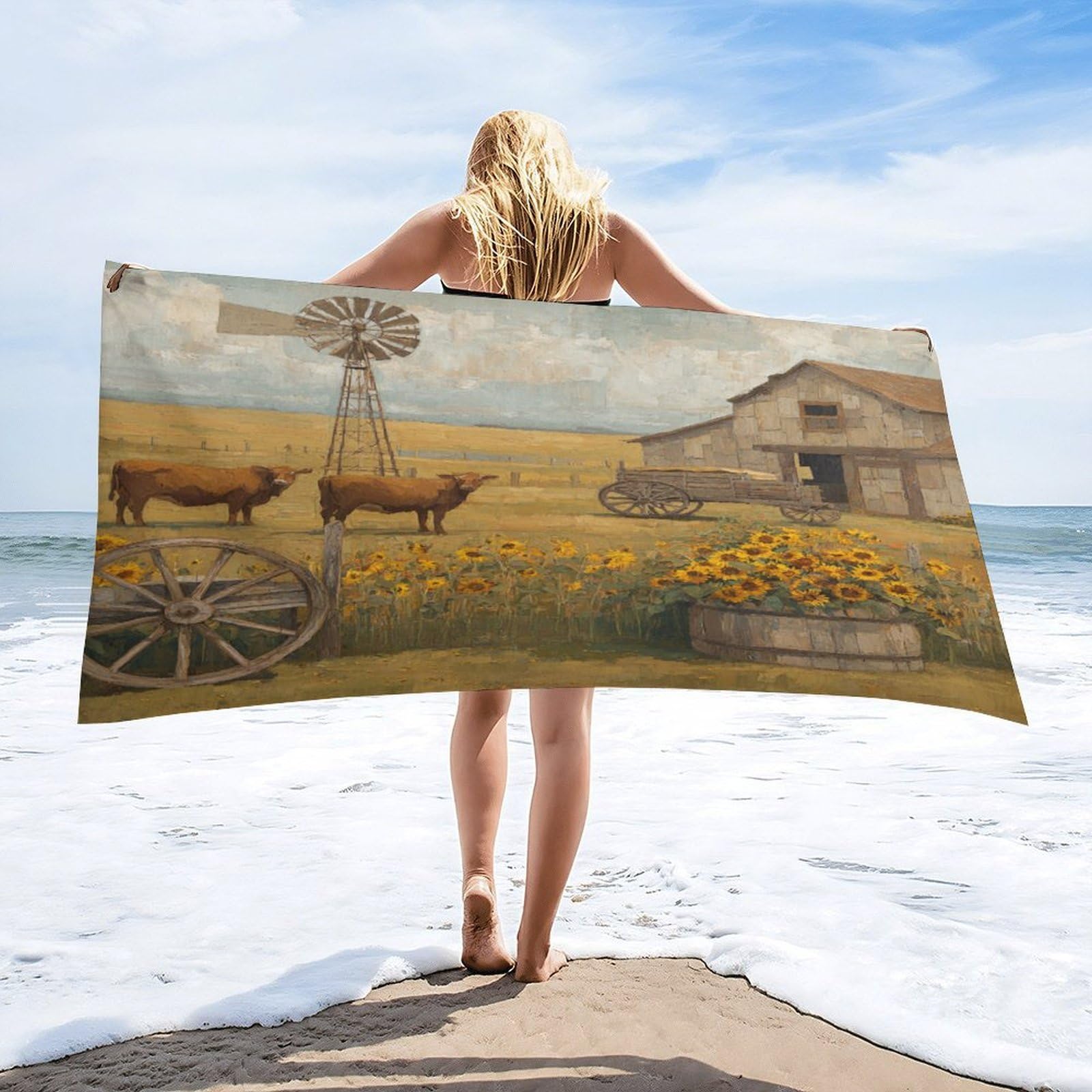 Luyysky Classic Funny Highland Cow Absorbent Beach Towel, Rustic Western Farm Log Cabin Windmill Sunflowers Animal Cow Outdoor Single-Sided Velvet Beach Towel-80 W Cm X 160" L Cm