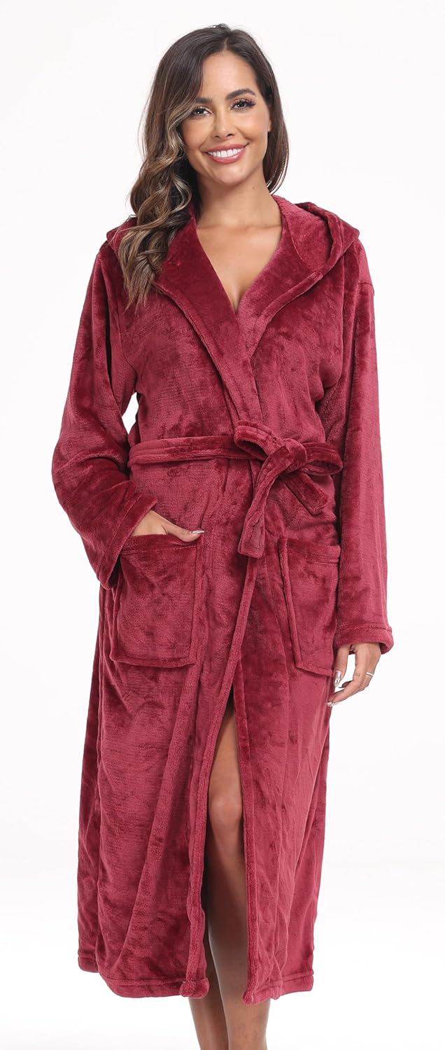 Womens Hooded Plush Bathrobe Warm Fleece Soft Long Robe Fuzzy Full Length Gown Shower Spa House Kimono for Women - Image 2