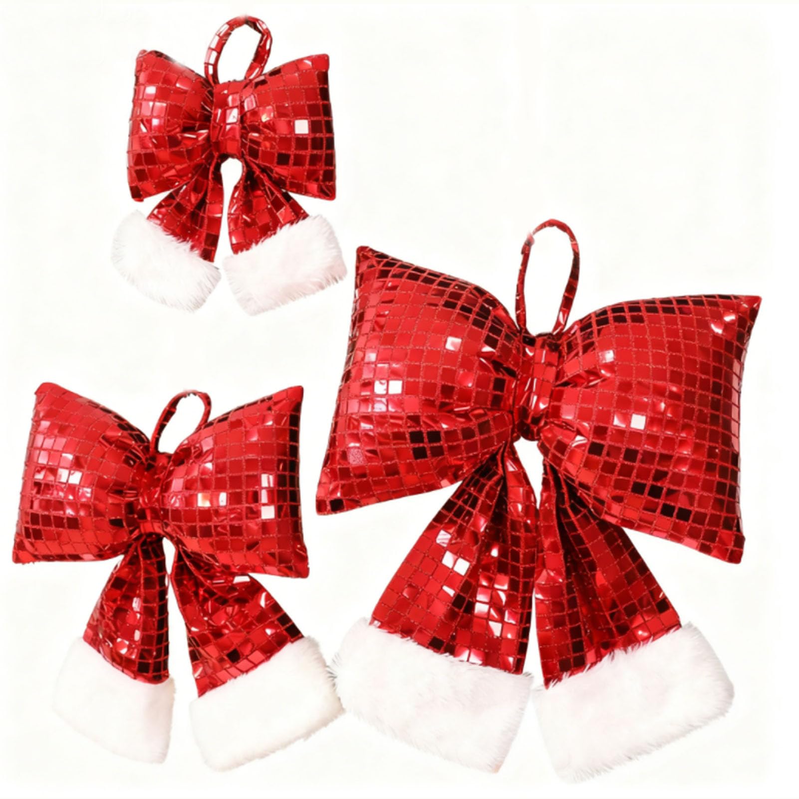 3 Lazos navideños de Lentejuelas: Adorno para Coronas, Paredes, Habitaciones y Fiestas. Adornos navideños para el hogar (Rojo).