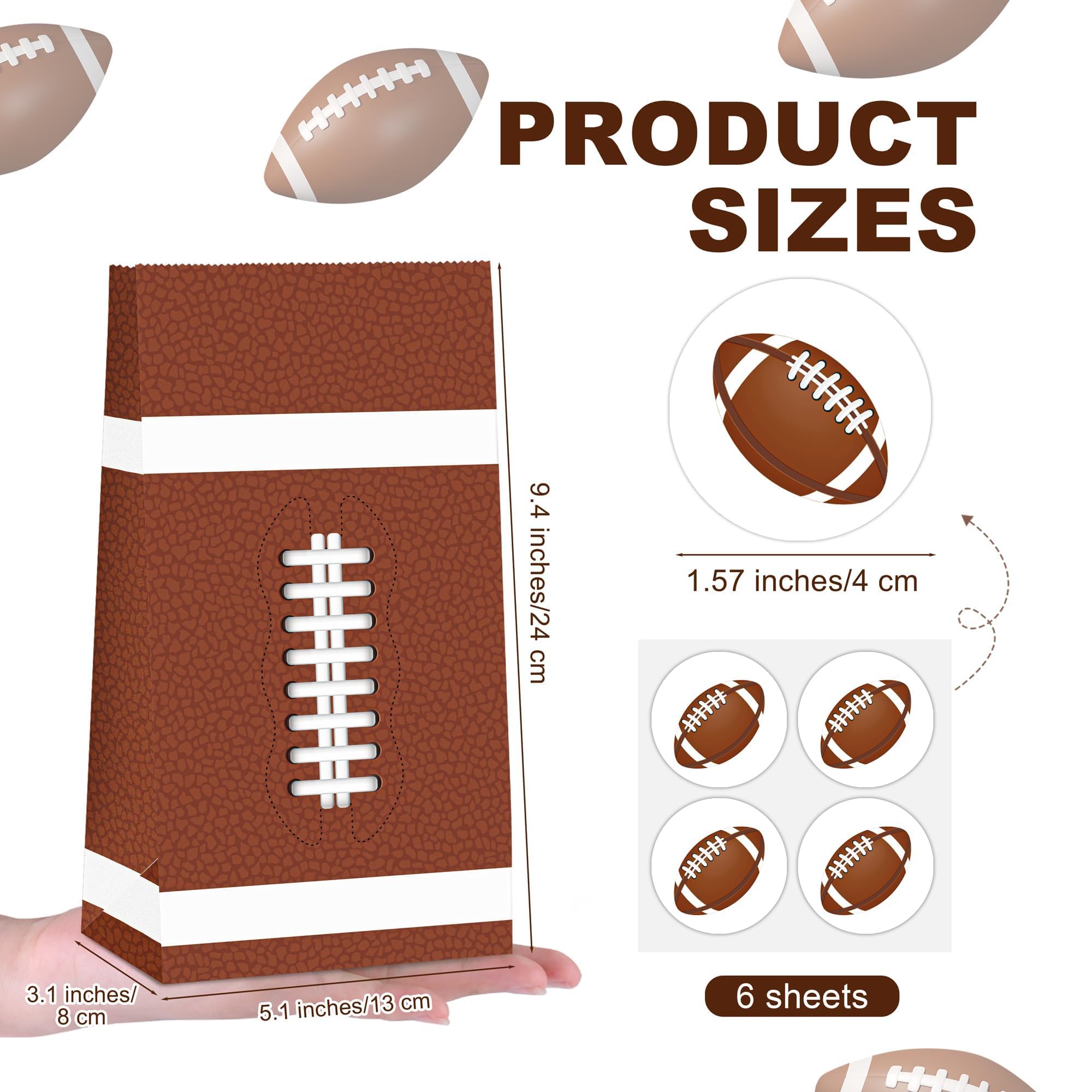 MIMIND 24 Pack Football Party Gift Bags 9.4 x 5.1 x 3.1 Inch Football Goodie Bags with Stickers Paper Treat Bag for Sports Bowl Theme Party Favors