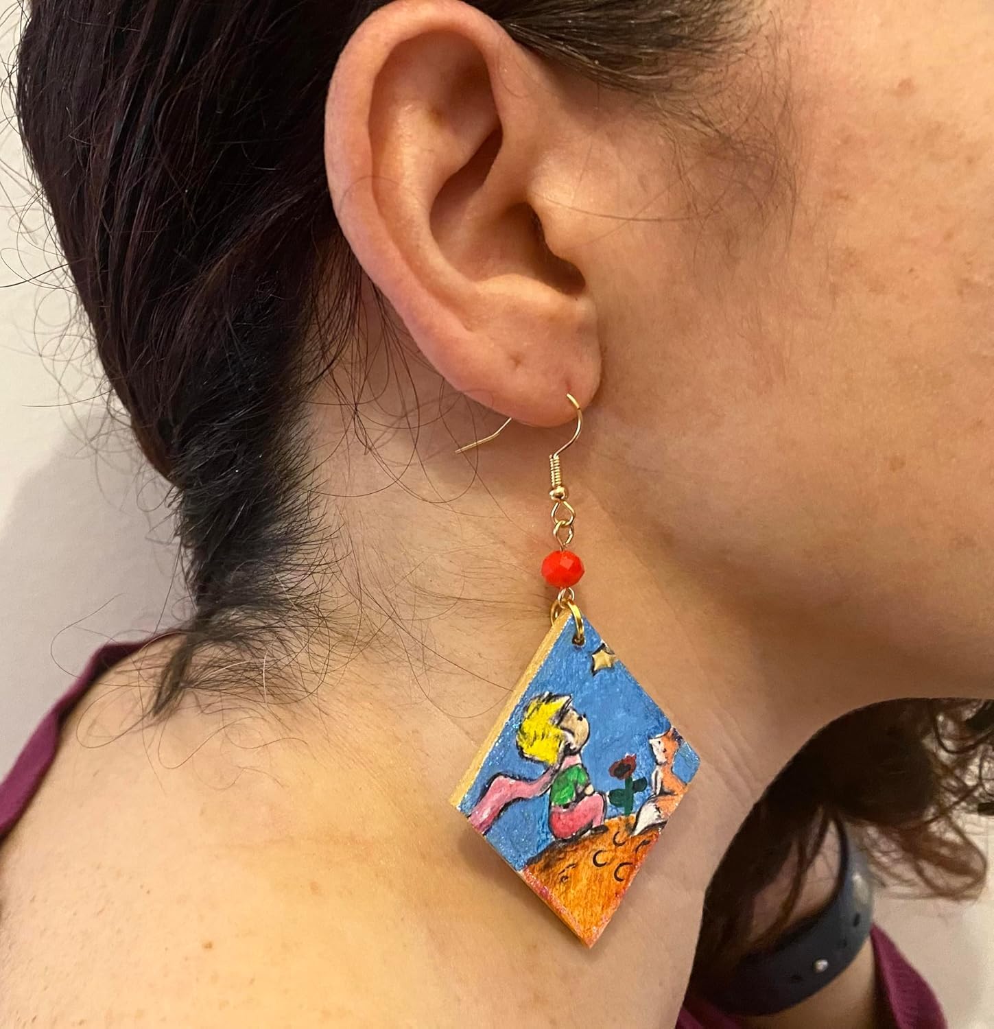 Boucles d'oreilles peintes à la main - PETIT PRINCE - Boucles d'oreilles pour femme, Bijoux peints à la main, Crochet en argent, Made in Italy, Bijoux décorés, Artisanat
