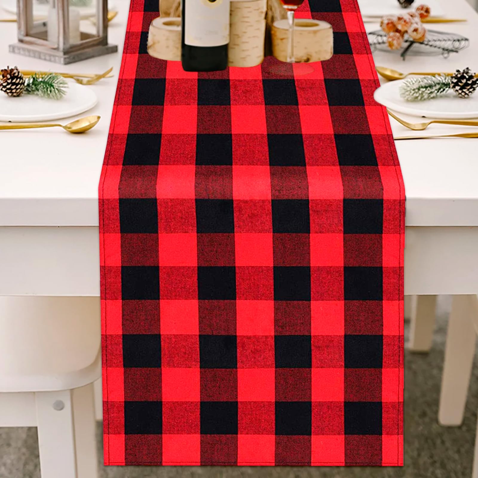 Black Red Buffalo Plaid 13x72 Inch Table Runner,Seasonal Winter Holiday Kitchen Dining Table Decoration for Xmas Holiday Party 1 Piece