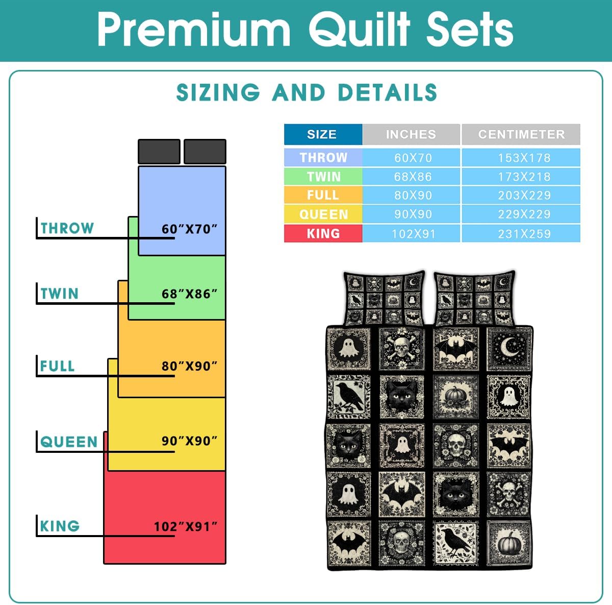 Witch Throw Pattern Quilt Set - Queen, Twin, Full Sizes, Vintage Quilts, Soft Lightweight Fall Bedspread - Gothic Style - Autumn Bedroom Decor (Gothic Style #2)