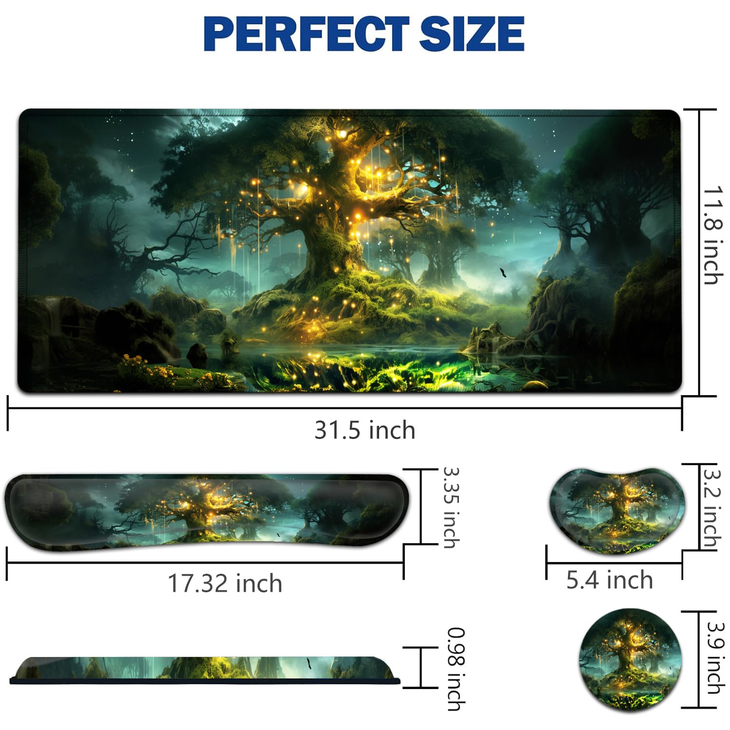 Großes Mauspad + Tastatur-Handgelenkauflage-Set, erweitertes Gaming-Mauspad (80 x 29 cm) mit rutschfestem Gummi, ergonomische Handgelenkauflage aus Memory-Schaum, Baum-des-Lebens-Muster