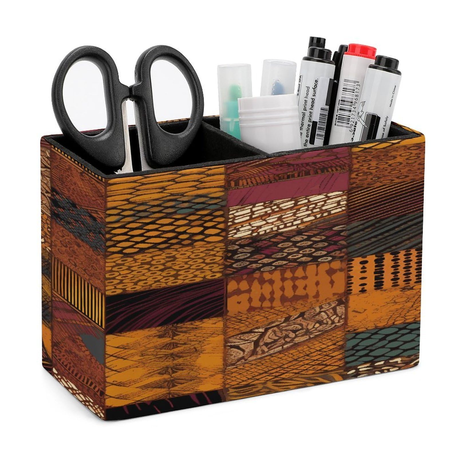 VstaDank African Style Patchwork Pen Holder Double Compartments Pen Cup Fashion Makeup Brush Holders Leather Pencil Holder for Work Locker Accessories Modern Pencil Cup for Desk Organizer