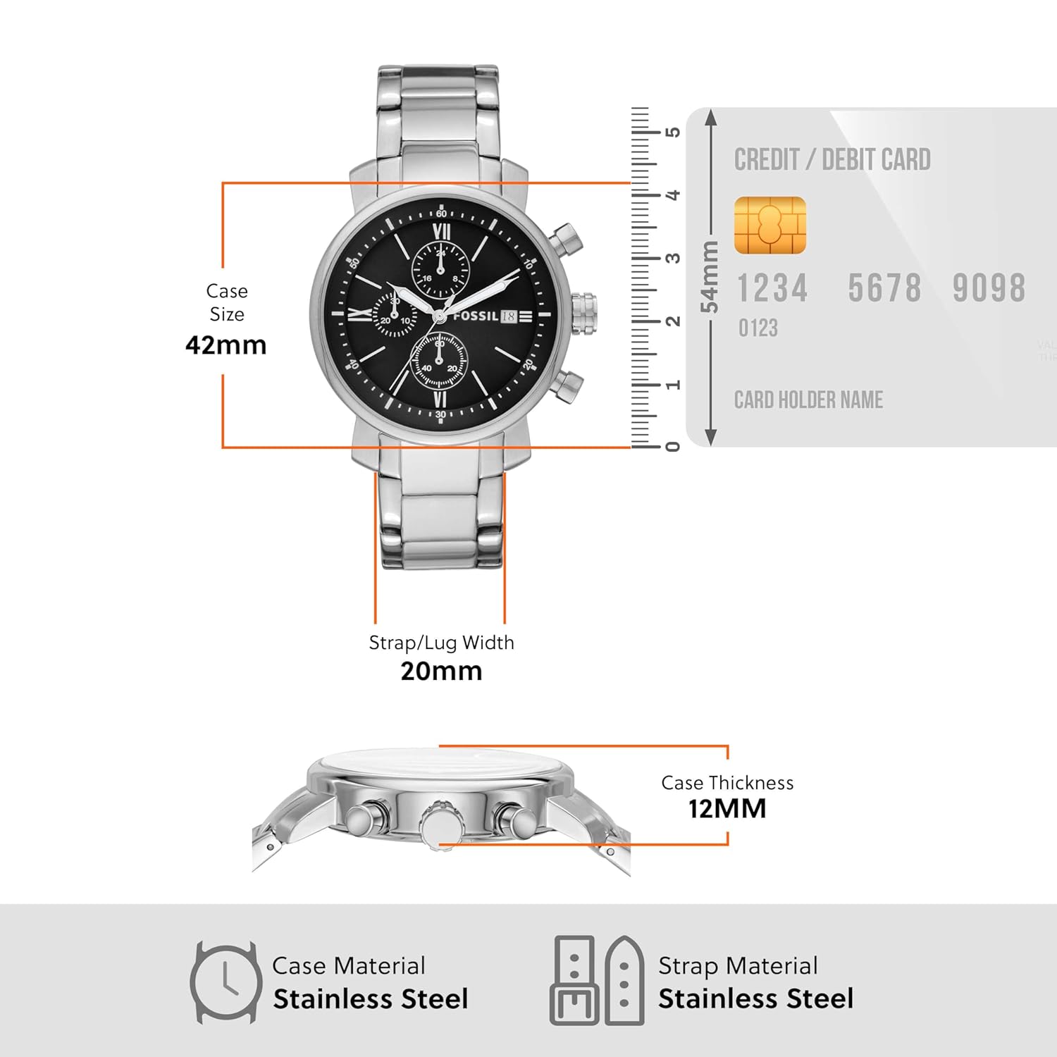 Fossil Rhett BQ1000 watch dimensions