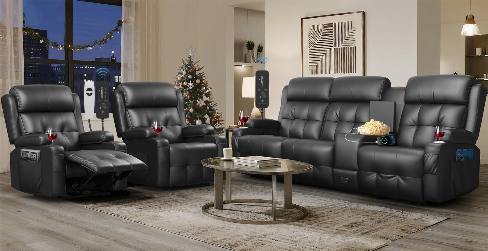 RV Loveseat Recliner Sofa Set, Home Theater Seating with Console &amp; Massage
