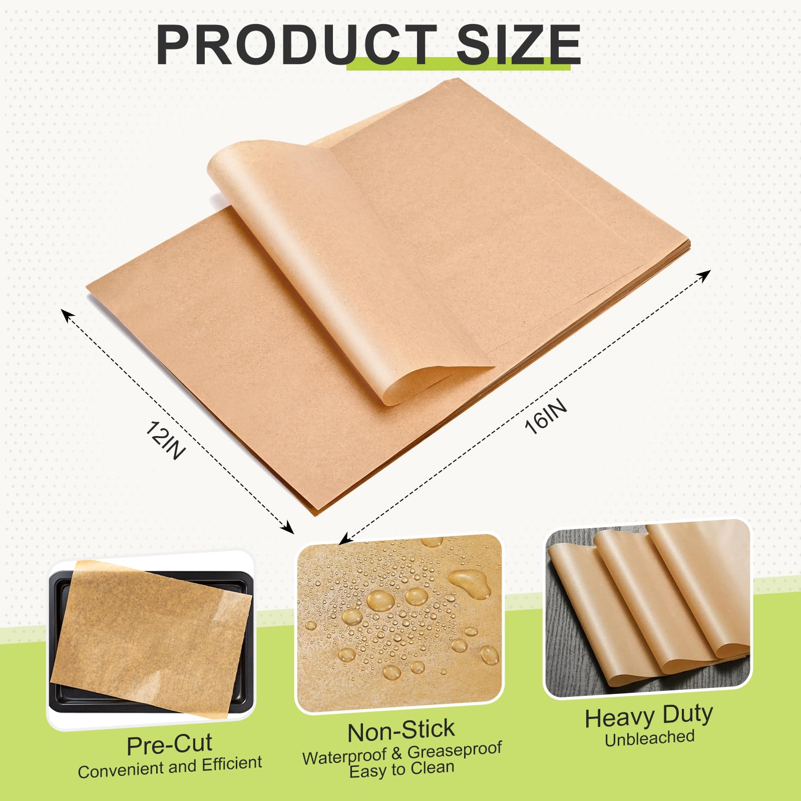 200 hojas de papel pergamino, 12 x 16 pulgadas, papel pergamino precortado sin blanquear, antiadherente, papel de pergamino resistente para hornear, cocinar, asar, freidora de aire, vaporizar, apto