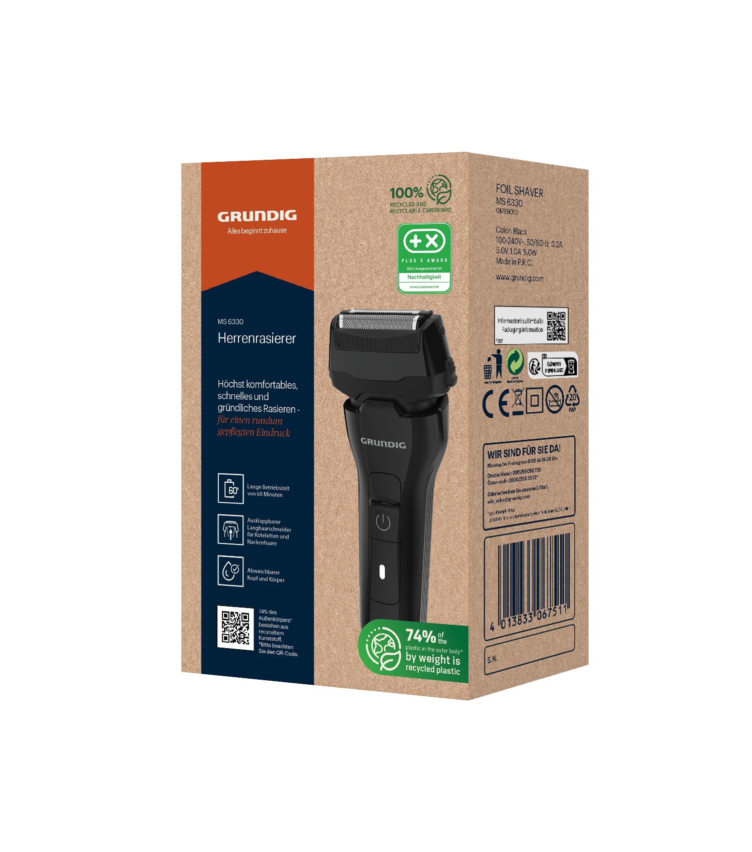 GRUNDIG MS 6330 - Maquinilla de afeitar para hombre (60 minutos, plegable, sistema de corte de 3 vías, carcasa de 74% plástico reciclado), color negro