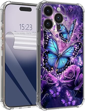 for iPhone 15 Pro Max Case with HD Clear Soft TPU Protector Film,Corner Air Cushion Shockproof Slim Protective Cover,Blue Butterfly Flower