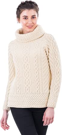SAOL Aran Irish Sweater for Women - 100% Merino Wool, Fisherman Cable Knit Pullover