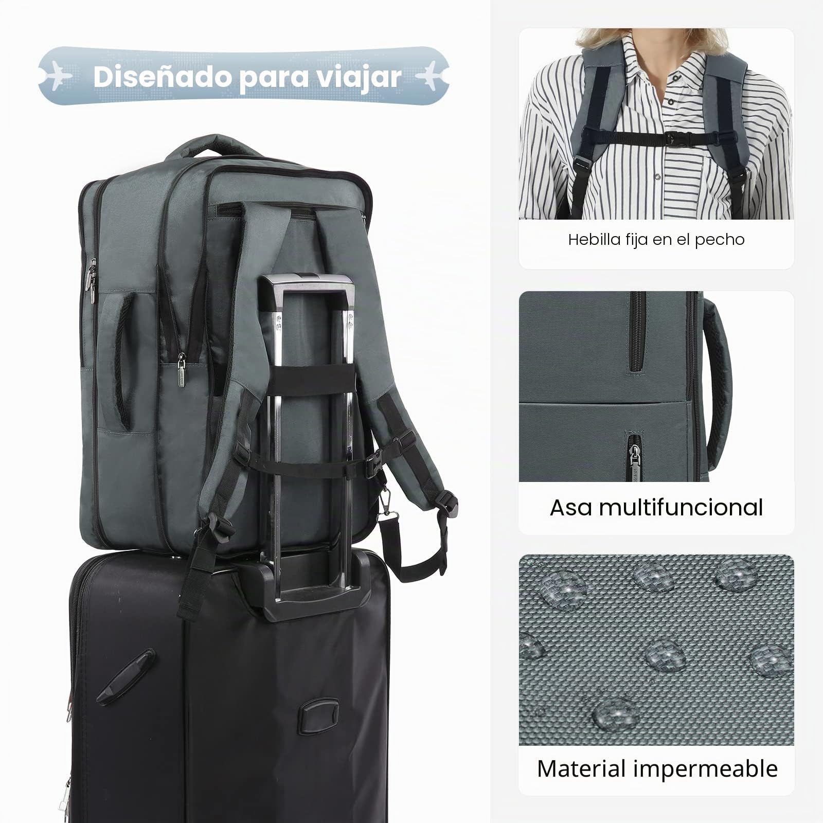 LOVEVOOK Mochila equipaje de mano, mochila de viaje extraíble ligera con compartimento para zapatos, mochila impermeable para portátil de 17 pulgadas, cabina máx. 55 x 40 x 20 cm, mochila para avión,