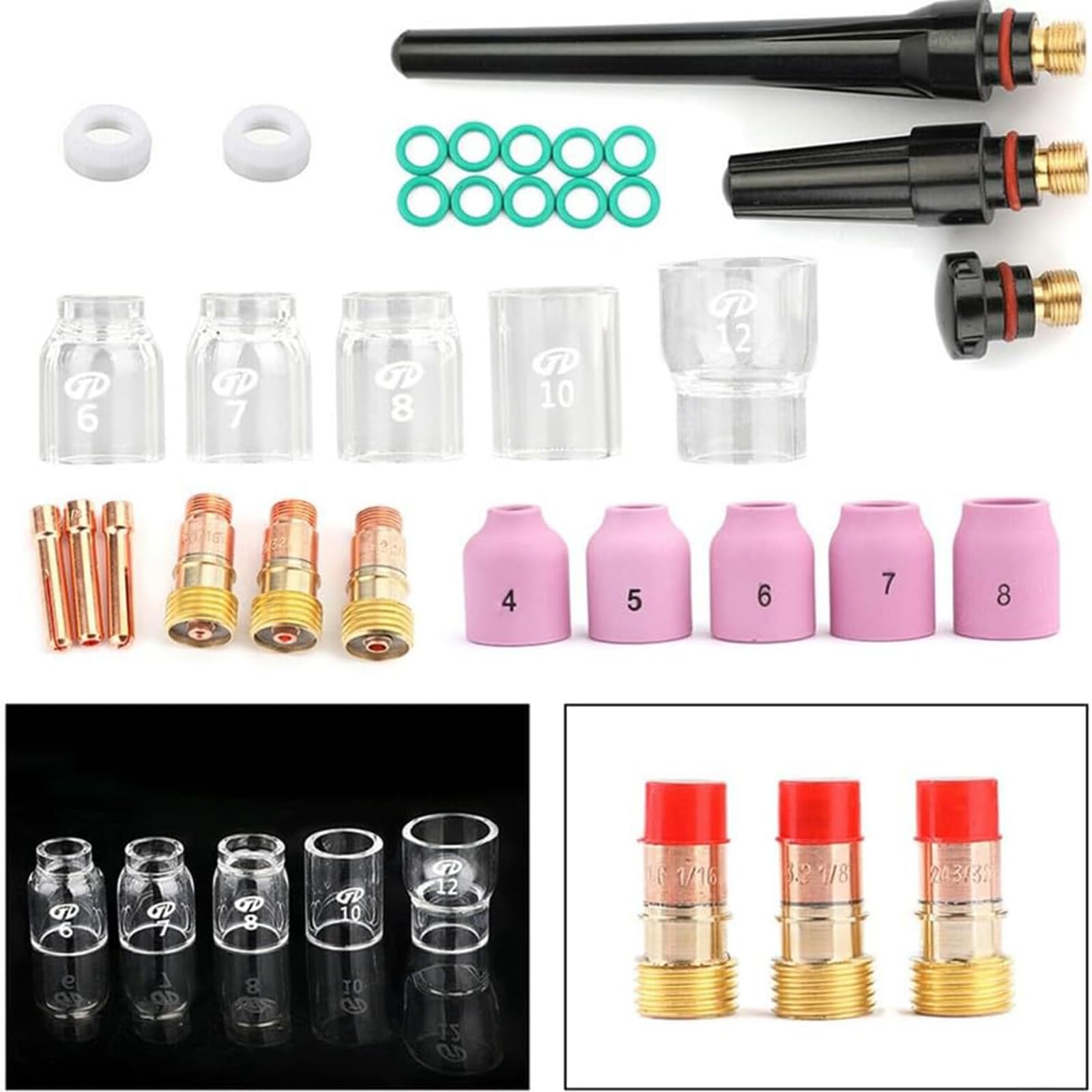 Set di 31 Lenti per Saldatura TIG a Gas Tozzo, Kit di Accessori per Torcia per Saldatura Tig, Lenti a Gas Tozze per Torcia a gas WP-17/18/26, Lente a Gas Tozza #12 Kit Tazza