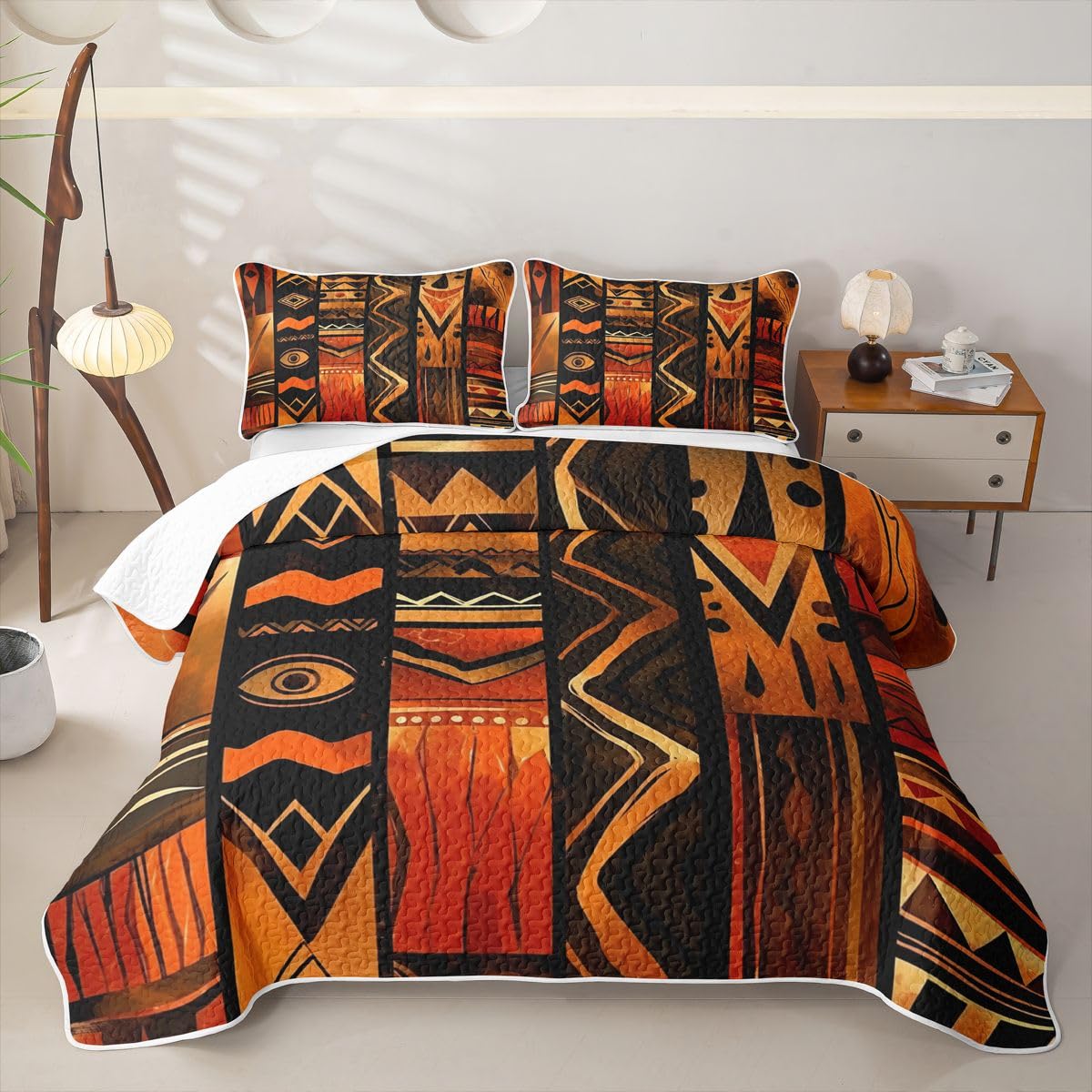 Loussiesd Colcha acolchada geométrica para cama individual, colcha abstracta para verano, colcha tribal con patrón geométrico para todas las estaciones, 2 piezas (1 edredón, 1 funda de almohada