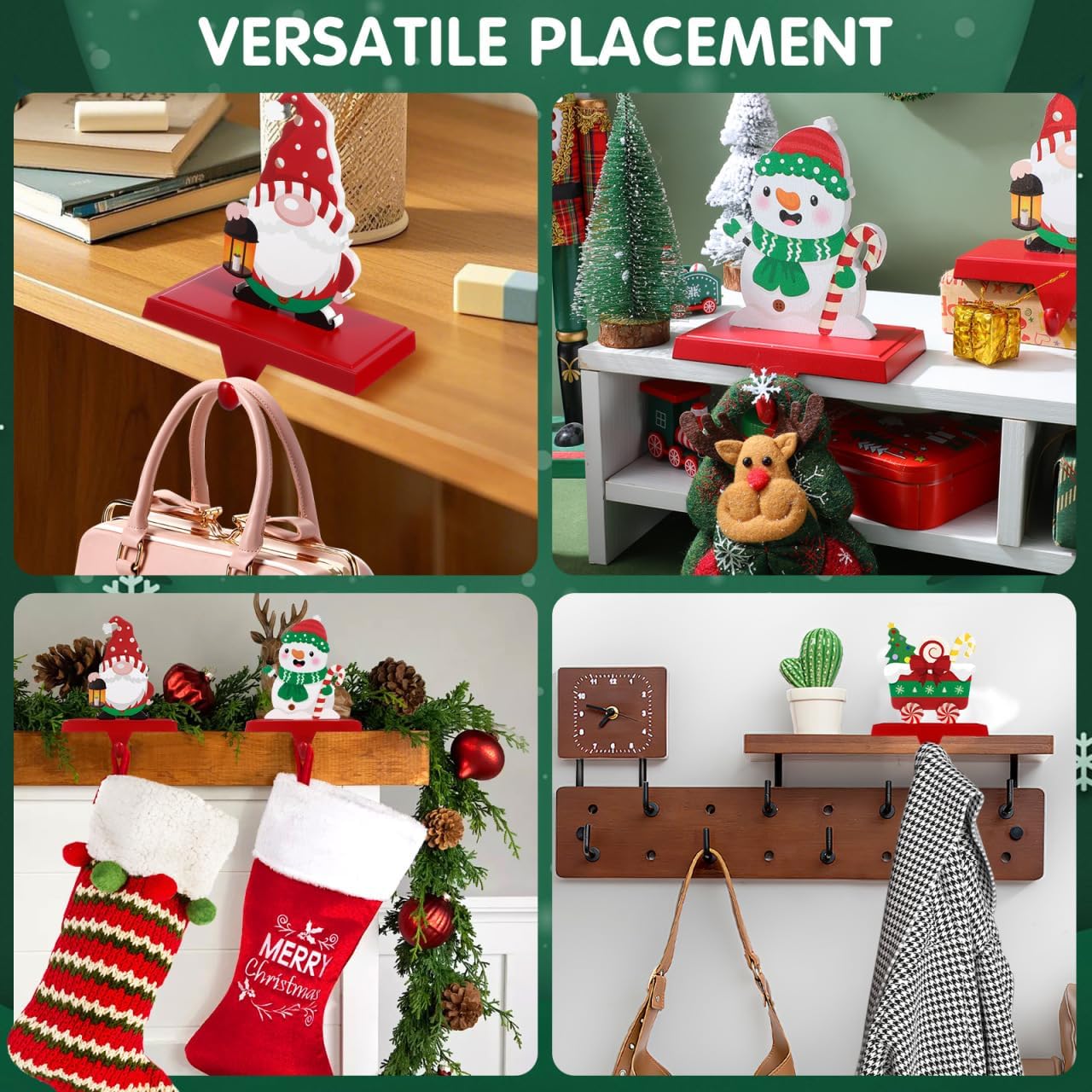 3PCS Christmas Stocking Holders for Mantel,No-Slip Heavy Duty Stocking Hooks,Fireplace Stocking Hangers with Wooden Snowman, Santa, Tree,Trucks Designs