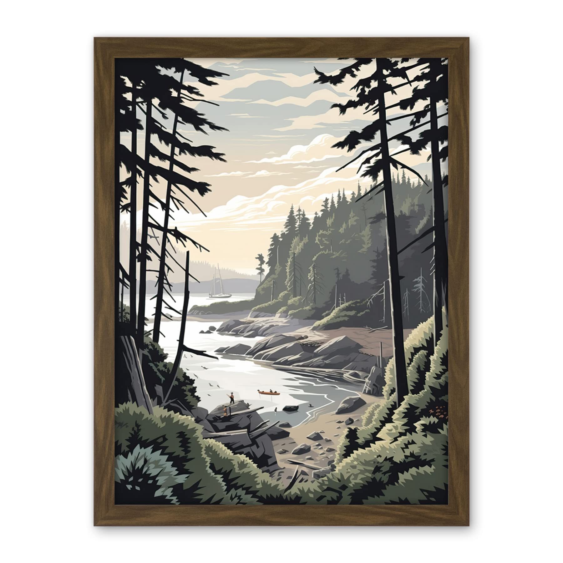 Artery8 Great Bear Rainforest Hikers Coastal Landscape Artwork Framed Wall Art Print 18X24 Inch