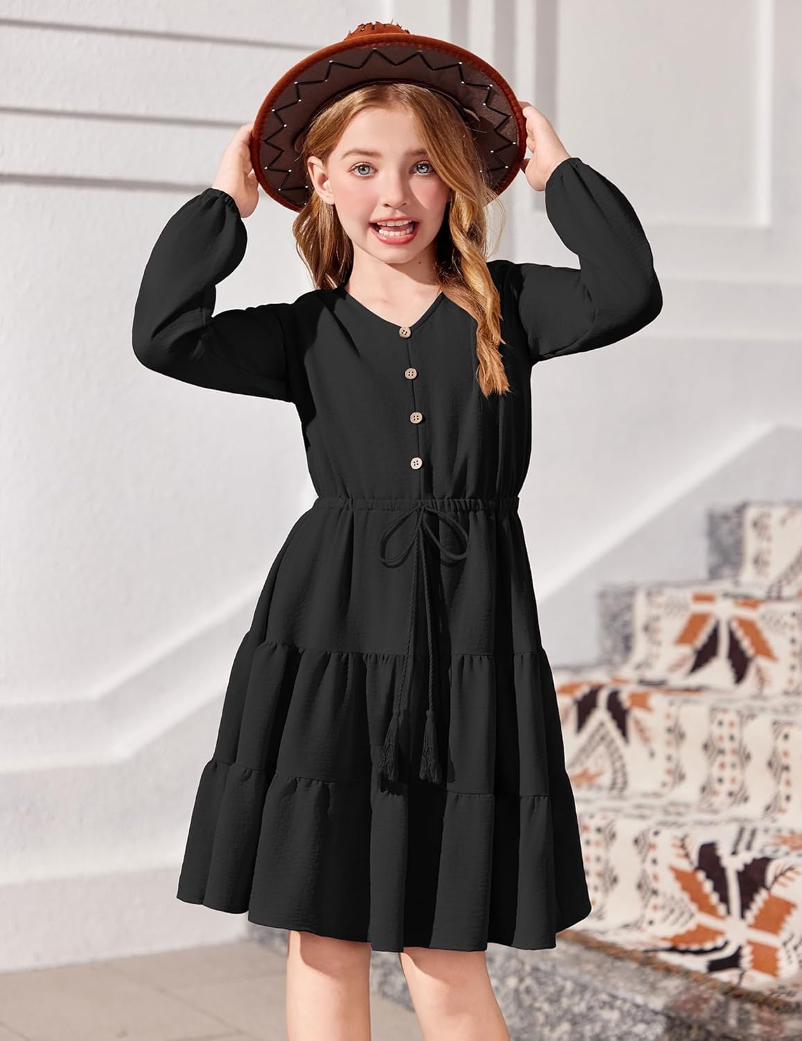 Arshiner Tween Girls Dresses Fall Long Sleeve V Neck Waist Tie Ruffle Tiered Swing Skater Dress - Image 2