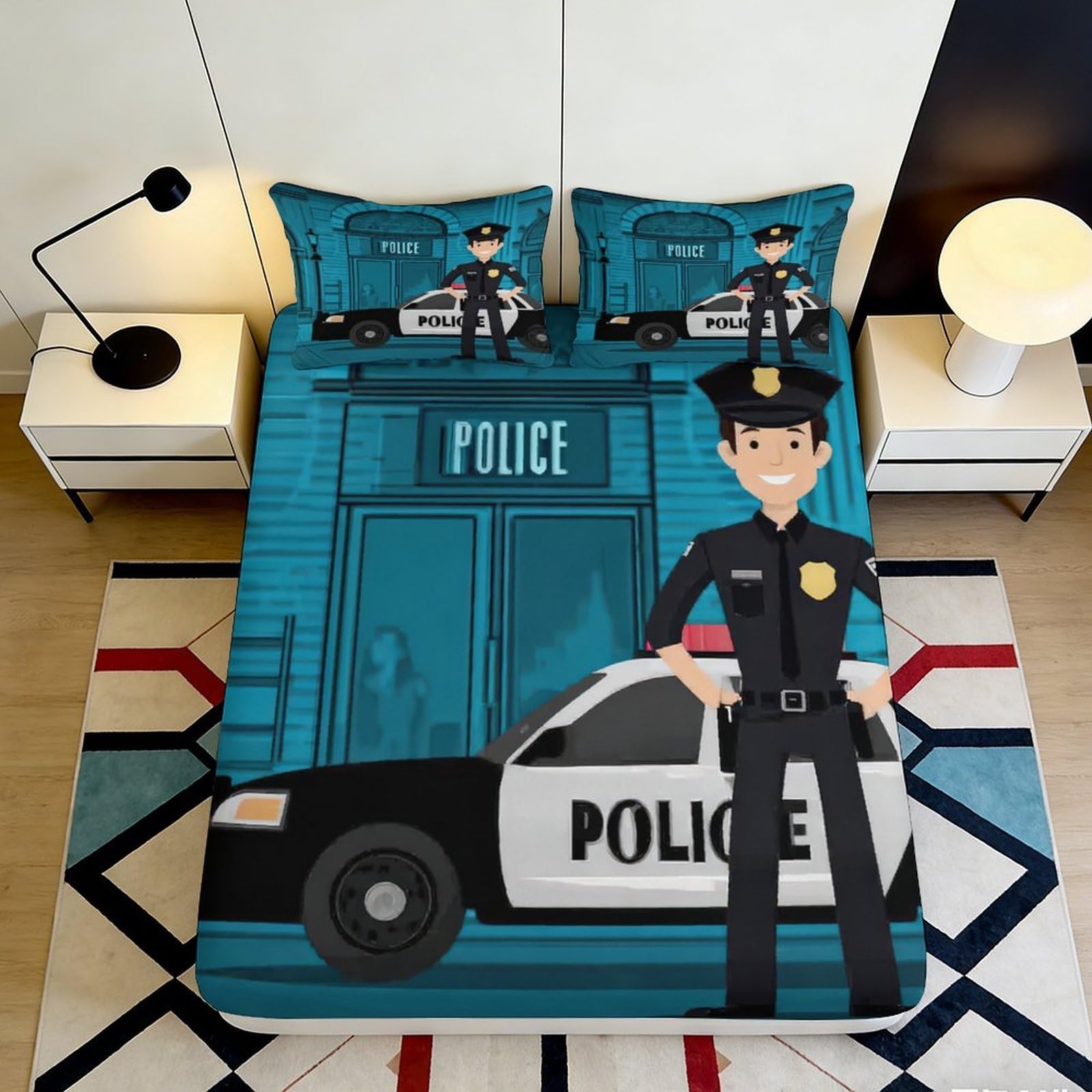3D Printed Police Station Fitted Sheet Microfiber Non-Slip Cartoon Police Car Bed Cover for Bedroom Dorm Decor 90x200x25cm