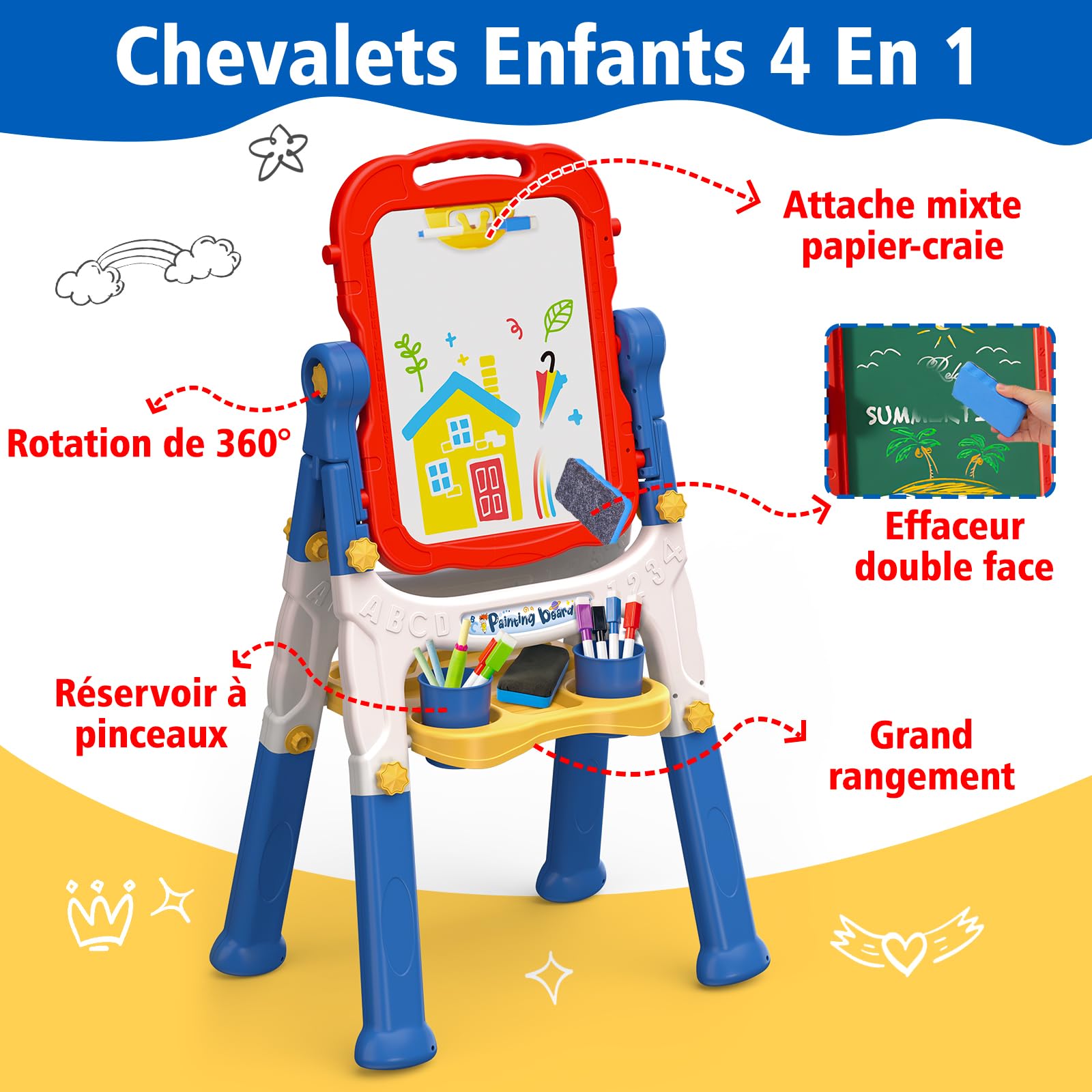 4 en 1 Tableau Enfant Double Face avec Hauteur Réglable & Rotation 360°Tableau Blanc Noir Magnétique Chevalet Peinture Enfants 2-5 Ans avec Craie, Jouet Cadeaux pour Garçon Fille 2+ Ans (Rouge 4 en 1 Tableau Enfant Double Face avec Hauteur Réglable & Rotation 360°Tableau Blanc Noir Magnétique Chevalet Peinture Enfants 2-5 Ans avec Craie, Jouet Cadeaux pour Garçon Fille 2+ Ans (Rouge